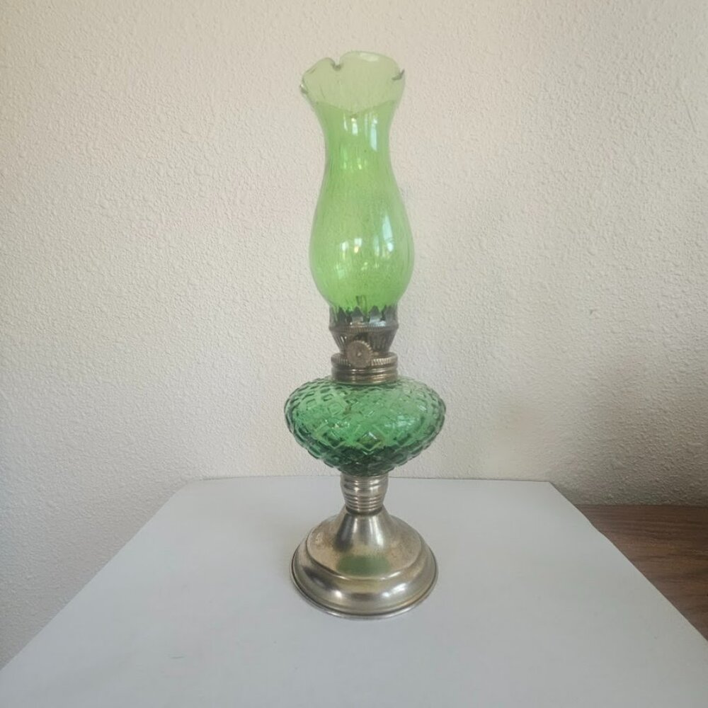 Vintage Green Glass Diamond Pattern Oil Lamp